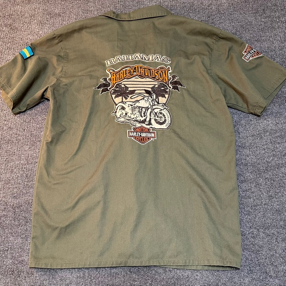 Harley Davidson Shirt Mens L Bahamas Flag Sewn Patch Logo Camp Safari Mechanic